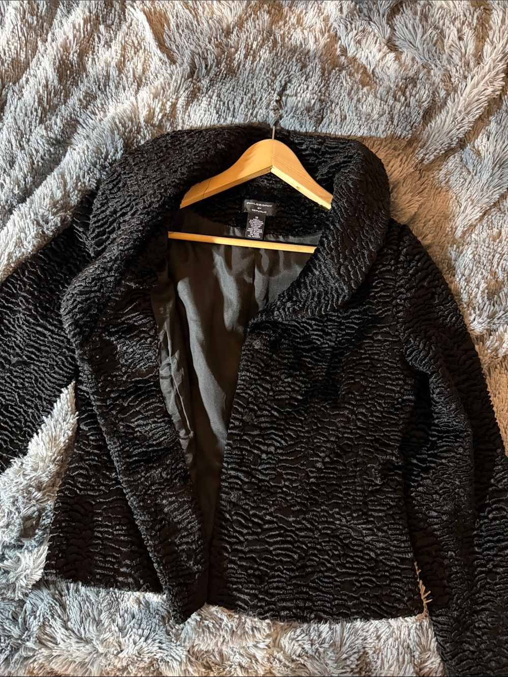 Philosophy Curly Faux Fur Cropped Jacket Shawl Collar Medium 10 Black Lined - Picture 2 of 10